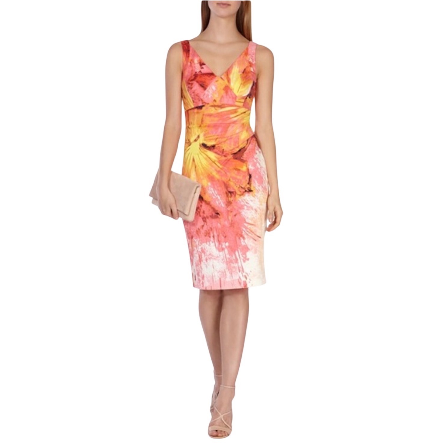 Karen Millen Floral Wrap Effect Sheath Dress Coral Pink Yellow Us 12 Uk 16 Dv215